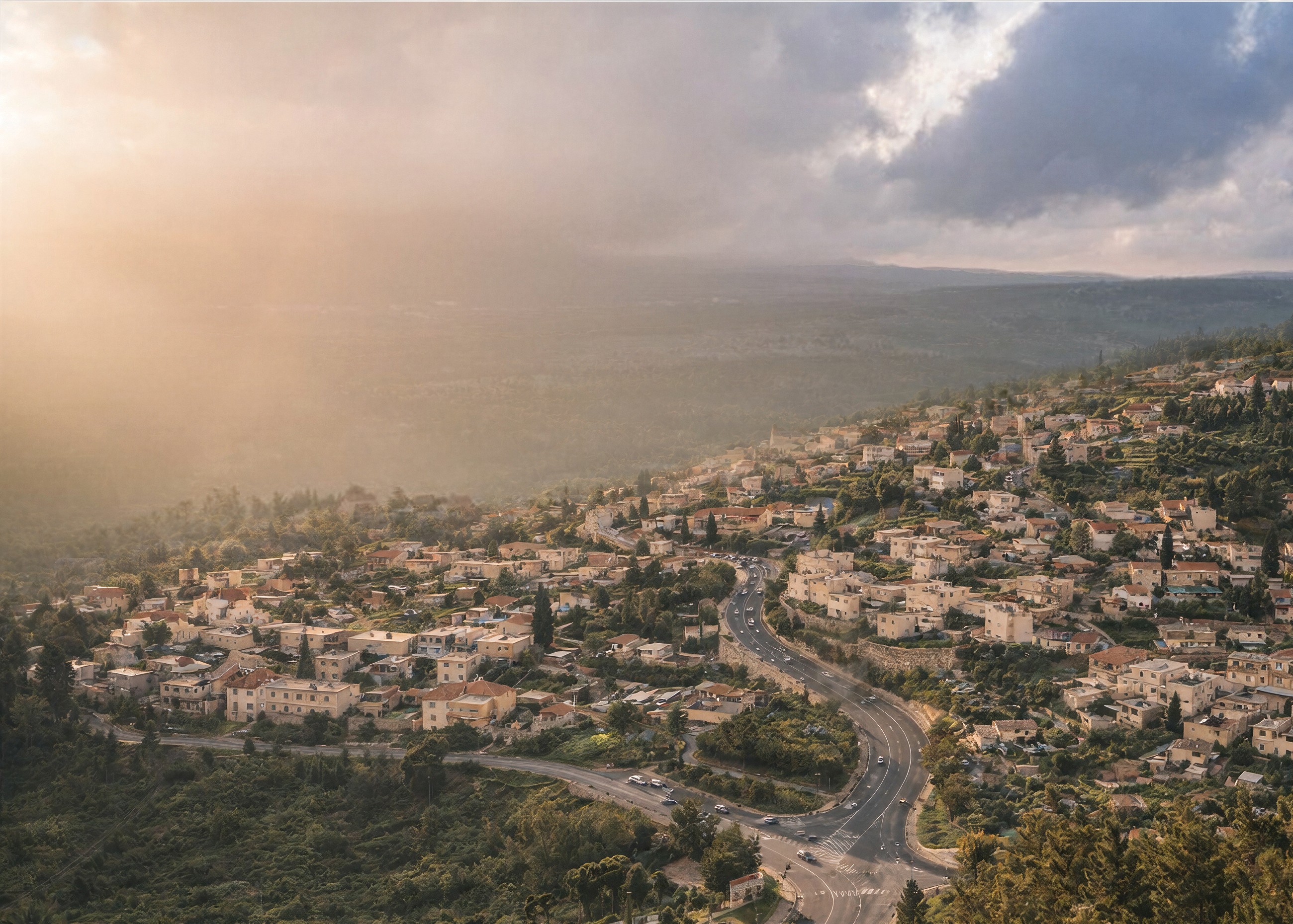 Aerial view of Tzfat, Israel at golden hour